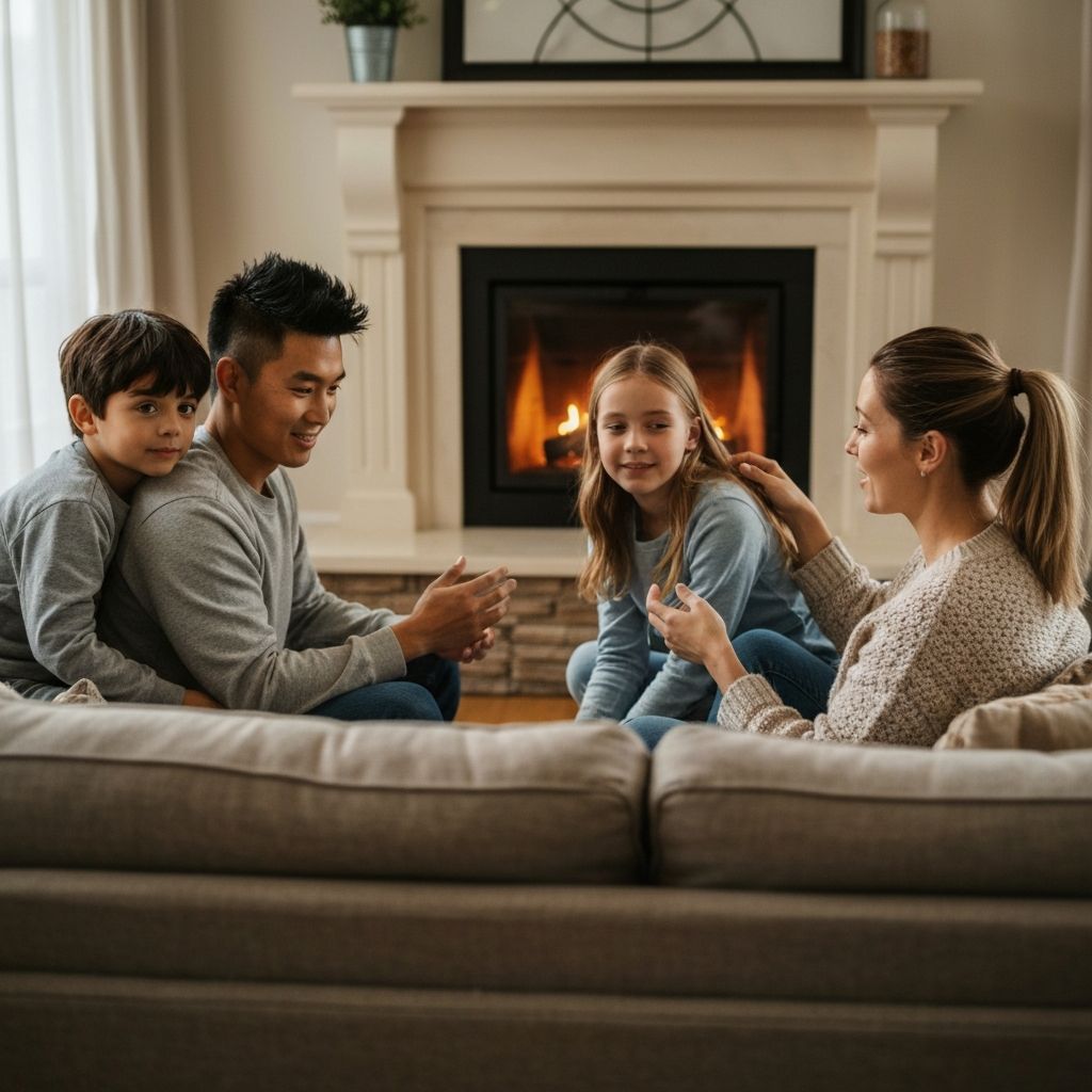 Happy family gathered together organizing their life