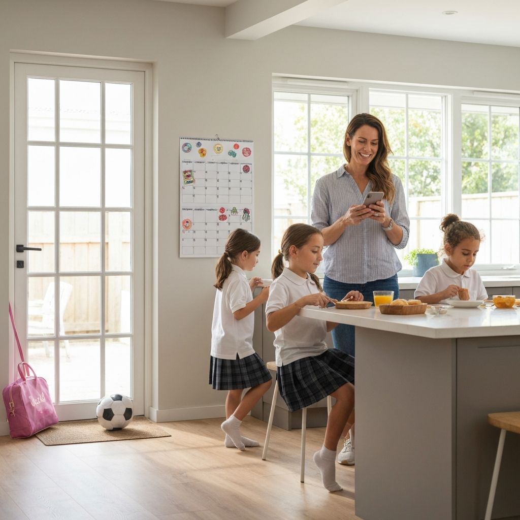 Busy family morning with kids getting ready for school