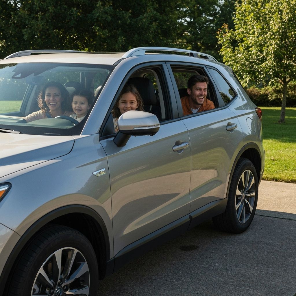 Father checking car documents in driveway